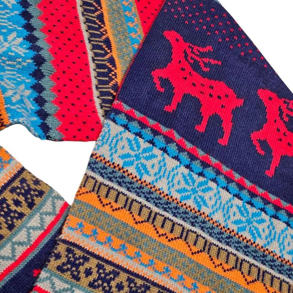 Reindeer Christmas Scarf Red‎ Blue Winter Holiday Knit Fair Isle
